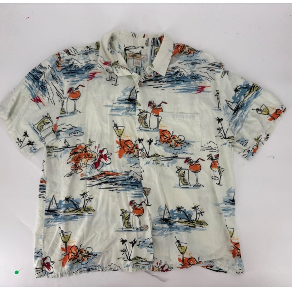 Joe Marlin Mens XXL Tropical Cocktail Beach Print Button Down Shirt Cream Cotton